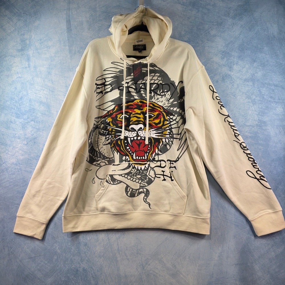 Ed Hardy Tiger Snake Graphic Hoodie Cream Off White Y2K Tattoo Sweatshirt XL NEW